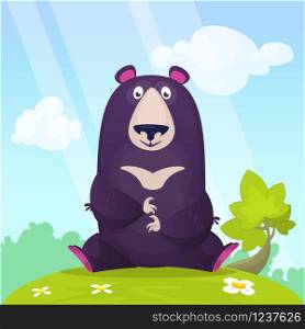 Cartoon small baby bear sitting in the green summer meadow Vector illustration