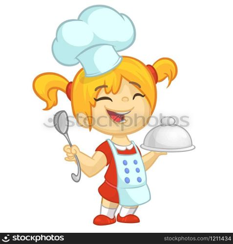 Cartoon small girl holding a tray with a dish and louche. Vector illustration of teenager girl preparing turkey and wearing upron and chef&rsquo;s toque. Outlined. Cartoon cute little girl cooking