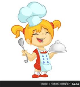 Cartoon small girl holding a tray with a dish and louche. Vector illustration of teenager girl preparing turkey and wearing upron and chef&rsquo;s toque. Outlined. Cartoon cute little girl cooking