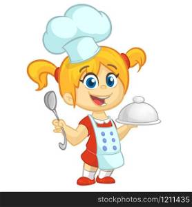 Cartoon small girl holding a tray with a dish and louche. Vector illustration of teenager girl preparing turkey and wearing upron and chef&rsquo;s toque. Outline. Cartoon cute little girl cooking