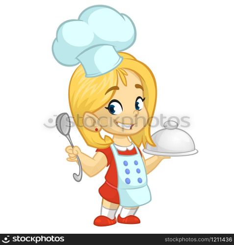 Cartoon small girl holding a tray with a dish and louche. Vector illustration of teenager girl preparing turkey and wearing upron and chef&rsquo;s toque. Outline