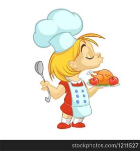 Cartoon small girl holding Thanksgiving Turkey on a tray. Vector illustration of teenager girl preparing turkey and wearing upron and chef&rsquo;s toque. Outline. Cartoon cute little girl cooking