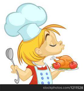 Cartoon small girl holding Thanksgiving Turkey on a tray. Vector illustration of teenager girl preparing turkey and wearing upron and chef&rsquo;s toque. Outline