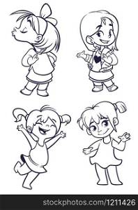 Cartoon small girls set. Vector illustration of outlined cartoon girls dancing, kissing, presenting. Illustrations for coloring book