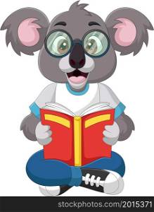 Cartoon smart koala reading a book