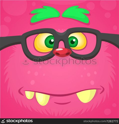 Cartoon smart monster face wearing glasses. Halloween vector illustration of furry pink monster