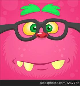 Cartoon smart monster face wearing glasses. Halloween vector illustration of furry pink monster