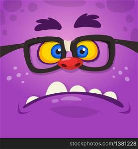 Cartoon smart monster face with eyeglasses. Vector Halloween monster square avatar