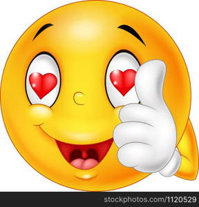 Cartoon smiley love face and giving thumb up. illustration