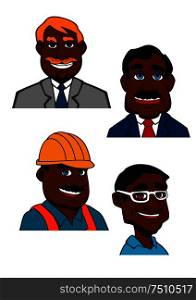 Cartoon smiling african american builder, doctor in glasses and businessmen characters. For profession theme design. Cartoon builder, doctor and businessmen