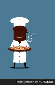 Cartoon smiling african american chef in white cook toque carrying hot vegetarian pizza with mozzarella and tomato. Black chef carrying vegetarian pizza on tray
