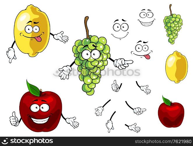 Cartoon smiling apple, grape and lemon fruits isolated on white background