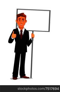 Cartoon smiling businessman is holding a blank sign board with copy space and showing thumb up sign. Business concept for advertising, presentation or announcement design. Businessman with an empty sign board and thumb up
