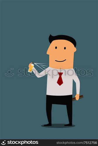 Cartoon smiling businessman spraying cologne or deodorant on skin, preparing for new working day. Joyful businessman spraying cologne or deodorant