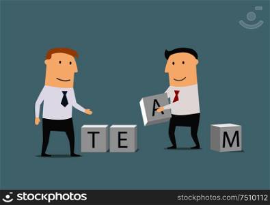 Cartoon smiling businessmen creating the word Team from block cubes. Business team, teamwork and partnership design usage. Businessmen creating from cubes the word Team