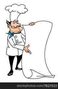 Cartoon smiling chef with blank menu paper in hands