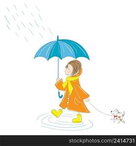 Cartoon smiling child girl kid walking with her puppy under the rain. Vector children illustration for greeting card.