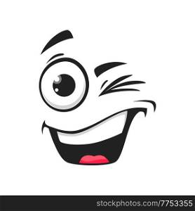 Cartoon smiling face with wink eye, funny vector blink emoji with toothy smile mouth. Happy facial expression, positive feelings, cheerful cute character isolated naughty personage. Cartoon smiling face with wink eye, blink emoji