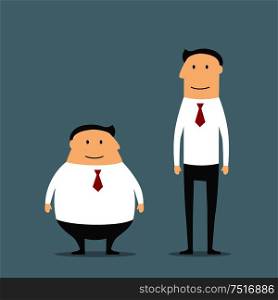 Cartoon smiling fat and skinny businessmen in suits. May be use as body types comparison or healthy life style concept design. Fat and skinny smiling businessmen