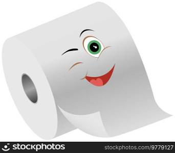 Cartoon smiling funny toilet paper flat vector. Special paper for wiping. Paper product is used for sanitary and hygienic purposes. Roll of white coiled paper. Bumf isolated on white background. Cartoon smiling funny toilet paper. Paper product is used for sanitary and hygienic purposes