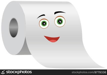 Cartoon smiling funny toilet paper flat vector. Special paper for wiping. Paper product is used for sanitary and hygienic purposes. Roll of white coiled paper. Bumf isolated on white background. Cartoon smiling funny toilet paper. Paper product is used for sanitary and hygienic purposes