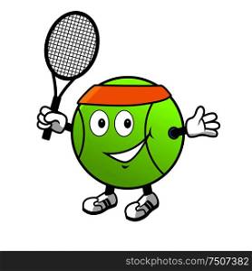 Cartoon smiling green tennis ball character in orange headband with racket in hand for sport design. Cartoon tennis ball with racket