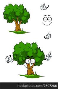 Cartoon smiling green tree character on a sunny glade with sappy grass showing attention gesture. For ecology or nature design. Cartoon tree with attention sign