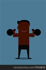 Cartoon smiling healthy african american sportsman with kettlebells in both hands, for sport training or healthy lifestyle concept. Powerful athlete doing exercises with kettlebells