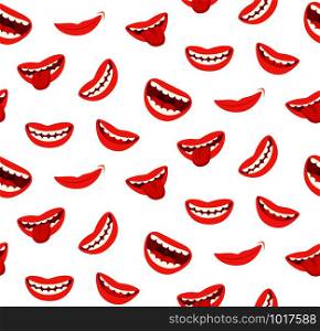 Cartoon smiling lips seamless pattern. Laughing mouth smile with tongue expression. Funny joyful red makeup smiling expressive sexy fashion retro character vector texture. Cartoon smiling lips seamless pattern. Laughing mouth with tongue. Funny joyful vector texture