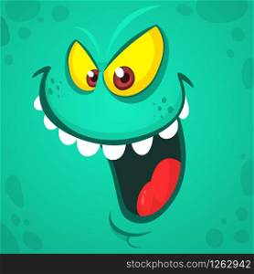 Cartoon smiling monster face. Vector Halloween cute blue monster avatar