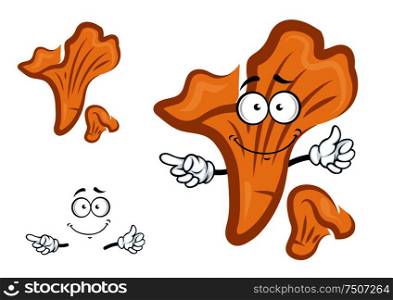 Cartoon smiling orange chanterelle mushroom character with yellow cap giving a thumb up sign. Isolated on white background. Cartoon isolated yellow chanterelle mushroom
