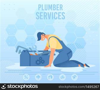 Cartoon Smiling Repairman Character in Uniform Leaned over Tools Box with Wrench, Screwdriver, Hammer, Pliers, Spanner. Plumber Service Flat Design Advertising Banner. Vector Illustration. Repairman with Tools Box on Plumber Service Banner