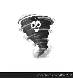 Cartoon smiling tornado vortex character, funny vector storm whirl personage. Black whirlwind twister, cyclone funnel with friendly face. Isolated hurricane swirl, natural disaster. Cartoon smiling tornado vortex character, swirl