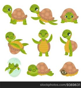 Cartoon smiling turtle. Funny little turtles, walking and swim tortoise animals vector set. Collection of cute friendly aquatic and terrestrial reptilians. Adorable sea and land dwelling reptiles.. Cartoon smiling turtle. Funny little turtles, walking and swim tortoise animals vector set
