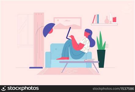 Cartoon smiling woman lying on couch use laptop at cosiness home. Female stay at home work remotely decrease infection risk for prevent virus covid-19. Quarantine and coronavirus epidemic. Cartoon smiling woman lying on couch use laptop at cosiness home
