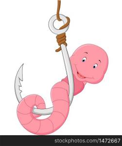 Cartoon smiling worm on fishing hook