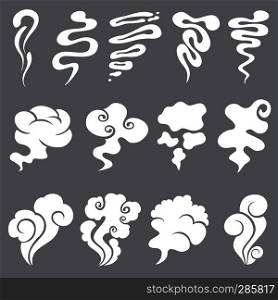 Cartoon smoke and dust clouds. Comic puff and steam vector set. Comic white stench aroma or smell illustration. Cartoon smoke and dust clouds. Comic puff and steam vector set