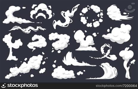 Cartoon smoke clouds. Comic smoke flows, dust, smog and smoke steaming cloud silhouettes isolated vector illustration set. Wind silhouette steaming, smoke explosion, comic cloud collection. Cartoon smoke clouds. Comic smoke flows, dust, smog and smoke steaming cloud silhouettes isolated vector illustration set