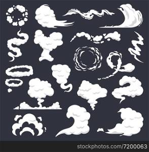 Cartoon smoke. Comic clouds, steaming smoke flows, steam explosion cloud. Dust, smog and smoke clouds isolated vector icons set. Explosion smoke white, motion puff cloud illustration. Cartoon smoke. Comic clouds, steaming smoke flows, steam explosion cloud. Dust, smog and smoke clouds isolated vector icons set