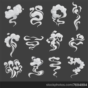 Cartoon smoke flows, steam explosion, smog and smoke clouds, vector icons. Fog smoke, mist steam clouds white smog effect, spooky dust explosion of gas, vapor or smoky toxic air splash. Smoke flows, smog clouds, cartoon steam explosion