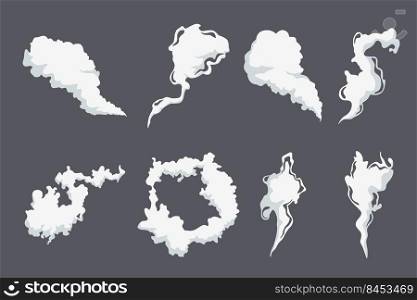 Cartoon smoke or steam cloud shapes set. Comic fire fume trail motion effect cartoon design collection on dark background. Flat vector illustration. Blast gas concept