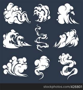 Cartoon smoke. Smoking steam clouds smells bad expired fire gas flash vapour aroma puff mist fog effects game comic shot drawing, vector set. Cartoon smoke. Smoking steam clouds smells bad expired fire gas flash vapour aroma puff mist fog effects game shot drawing, vector set