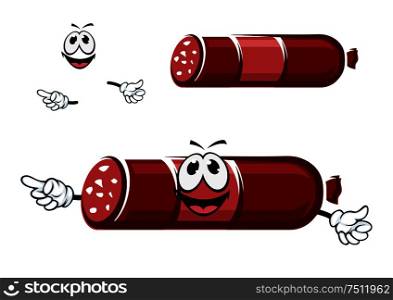 Cartoon smoked beef sausage character in red casing with happy smiling face. For butcher shop or food themes design. Cartoon beef sausage in red casing