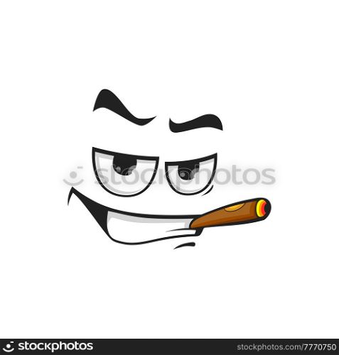 Cartoon smoking face, vector character with cigar in mouth. Self confident smoker personage with toothy smiling and squint eyes. Mafia or gigolo grin. Cartoon smoking face, vector character with cigar