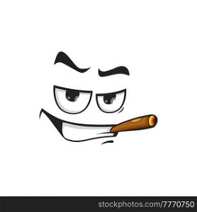 Cartoon smoking face, vector character with cigar in mouth. Self confident smoker personage with toothy smiling and squint eyes. Mafia or gigolo grin. Cartoon smoking face, vector character with cigar
