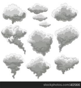 Cartoon smoking fog clouds. Cartoon smoke vector illustration. Smoking gray fog clouds on white background