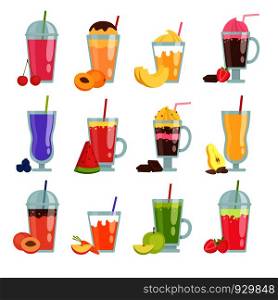 Cartoon smoothie. Various summer drinks smoothie. Vector fresh juice blueberry and carrot illustration. Cartoon smoothie. Various summer drinks smoothie set