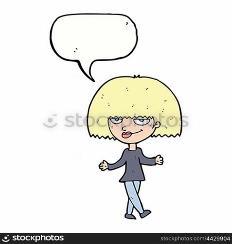 cartoon smug looking woman with speech bubble