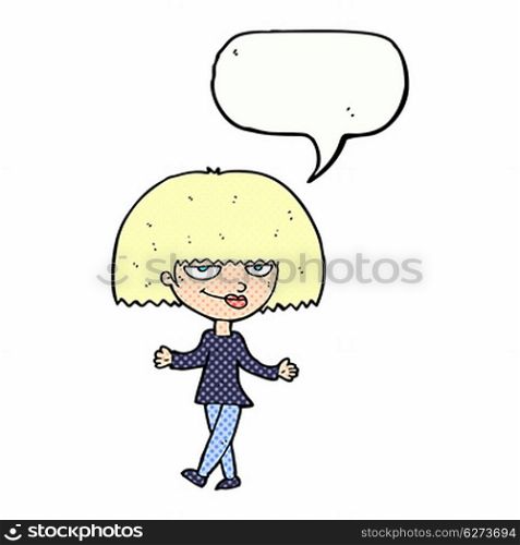 cartoon smug looking woman with speech bubble