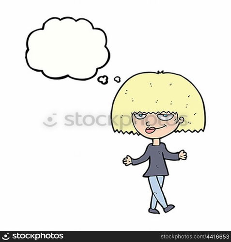 cartoon smug looking woman with thought bubble